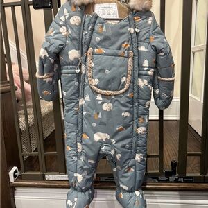 Deux par Deux Gray Snowsuit with Bear and Tree Print